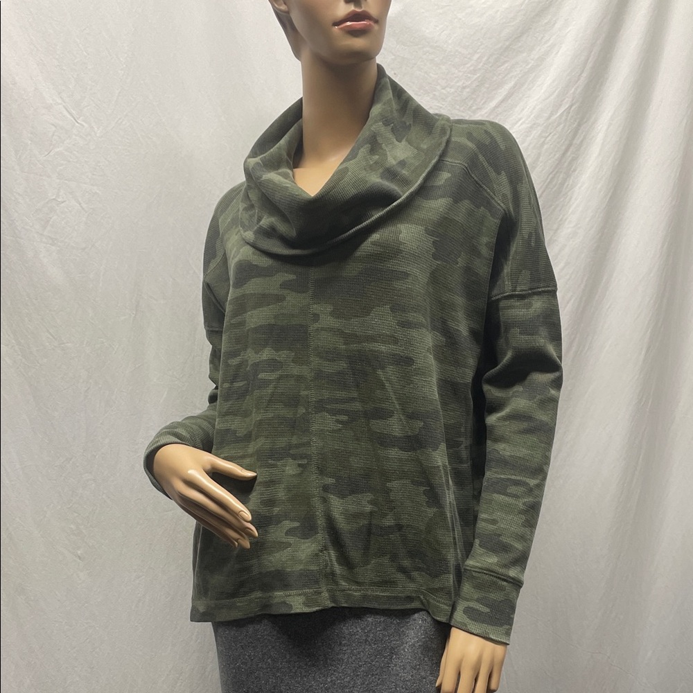 Lucky Brand Women's Green Camo Cowl Neck Long Sleeve Top